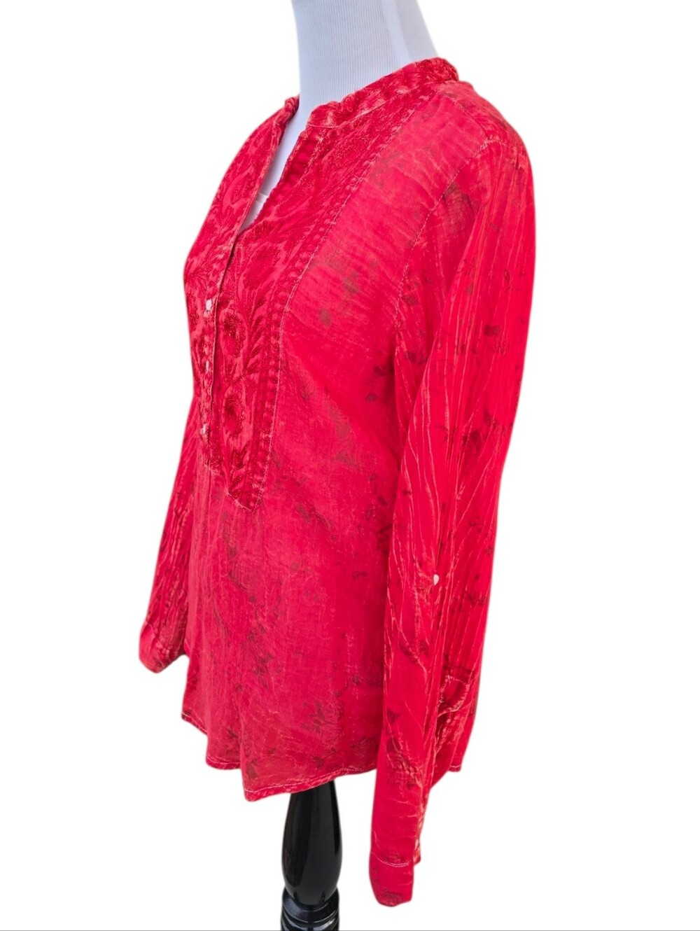 Nu Vintage Distressed Embroidered Long Sleeve Blouse Red Size Medium - Picture 4 of 7